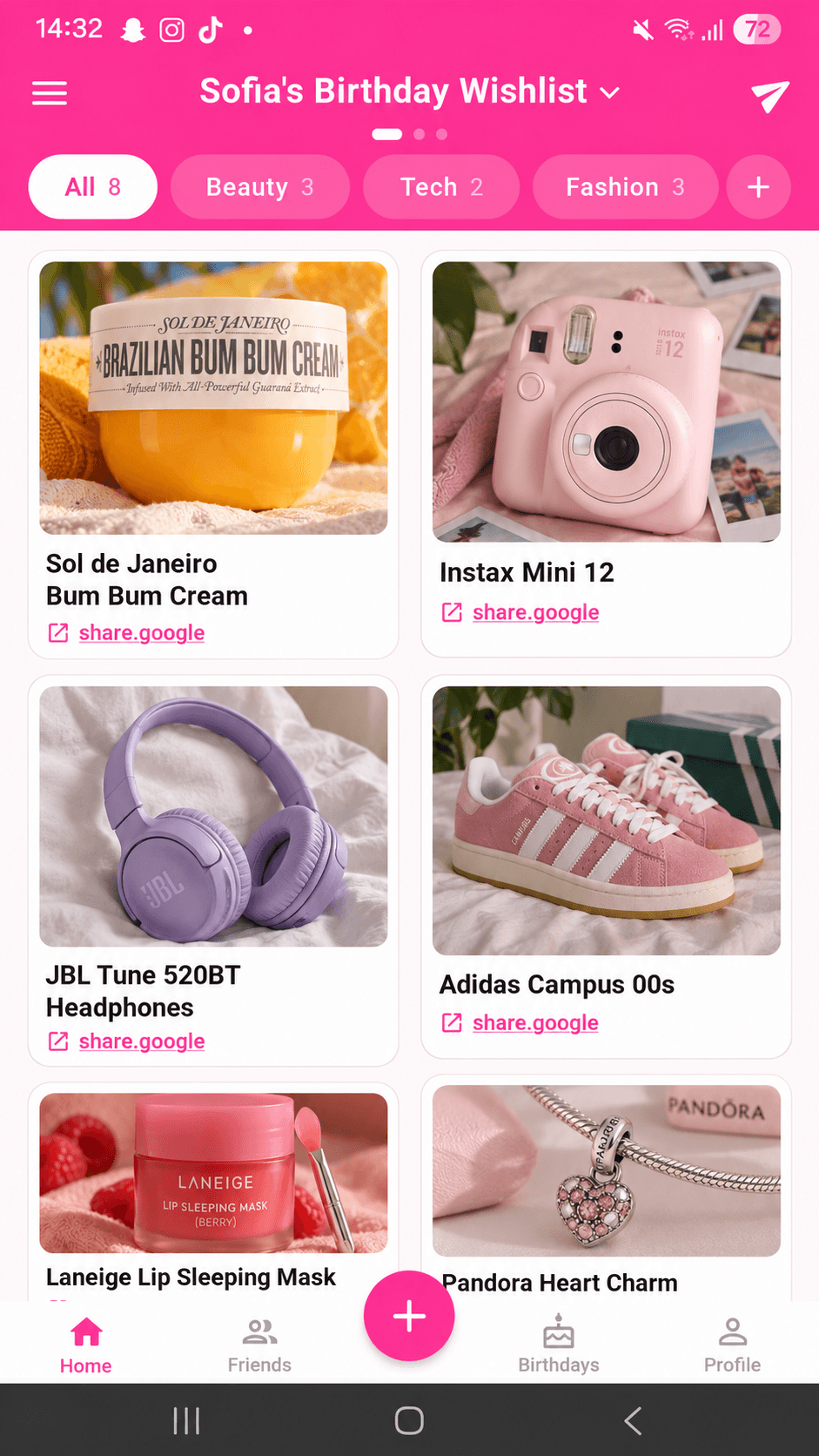 A birthday wishlist in the Giftlist app, with products sorted into Beauty, Tech and Fashion