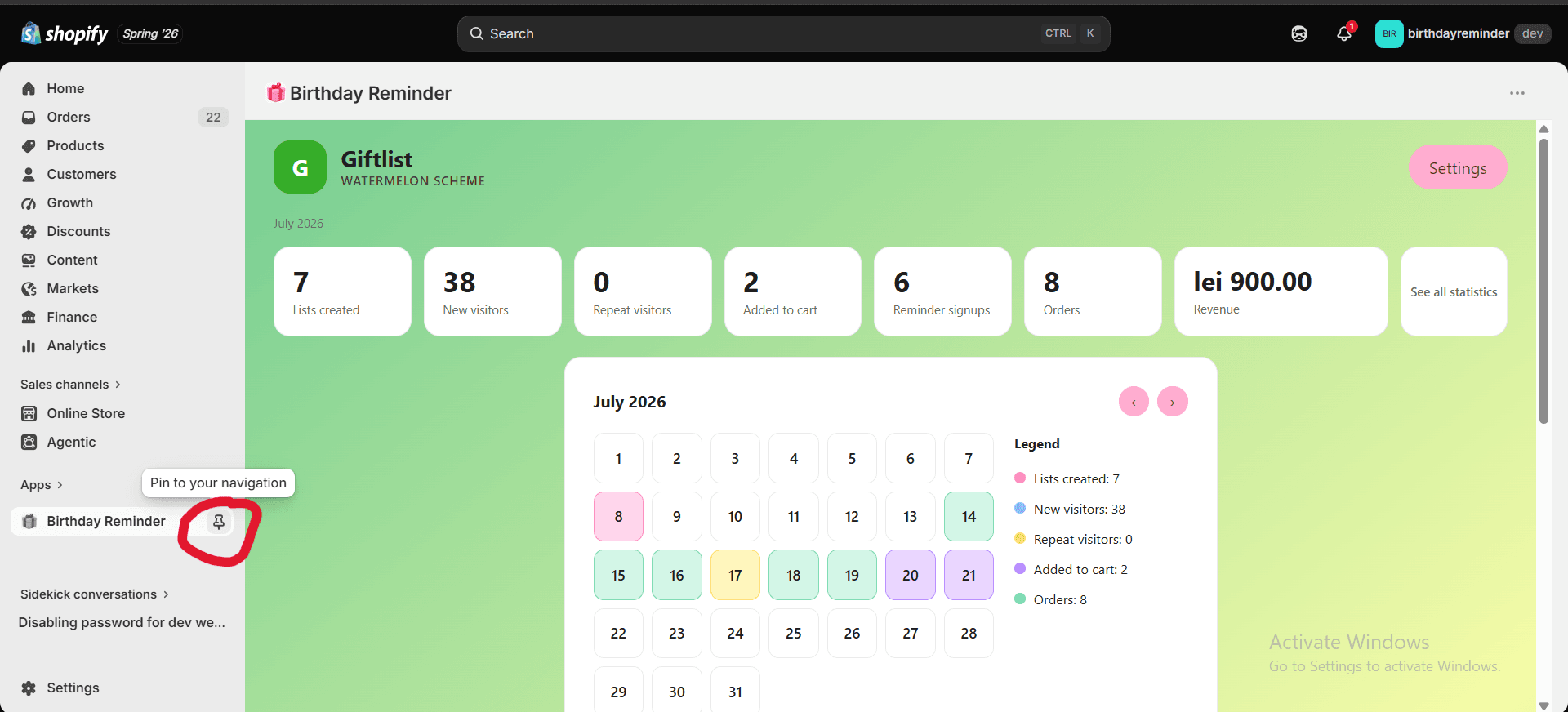 Pin the dashboard — step 2