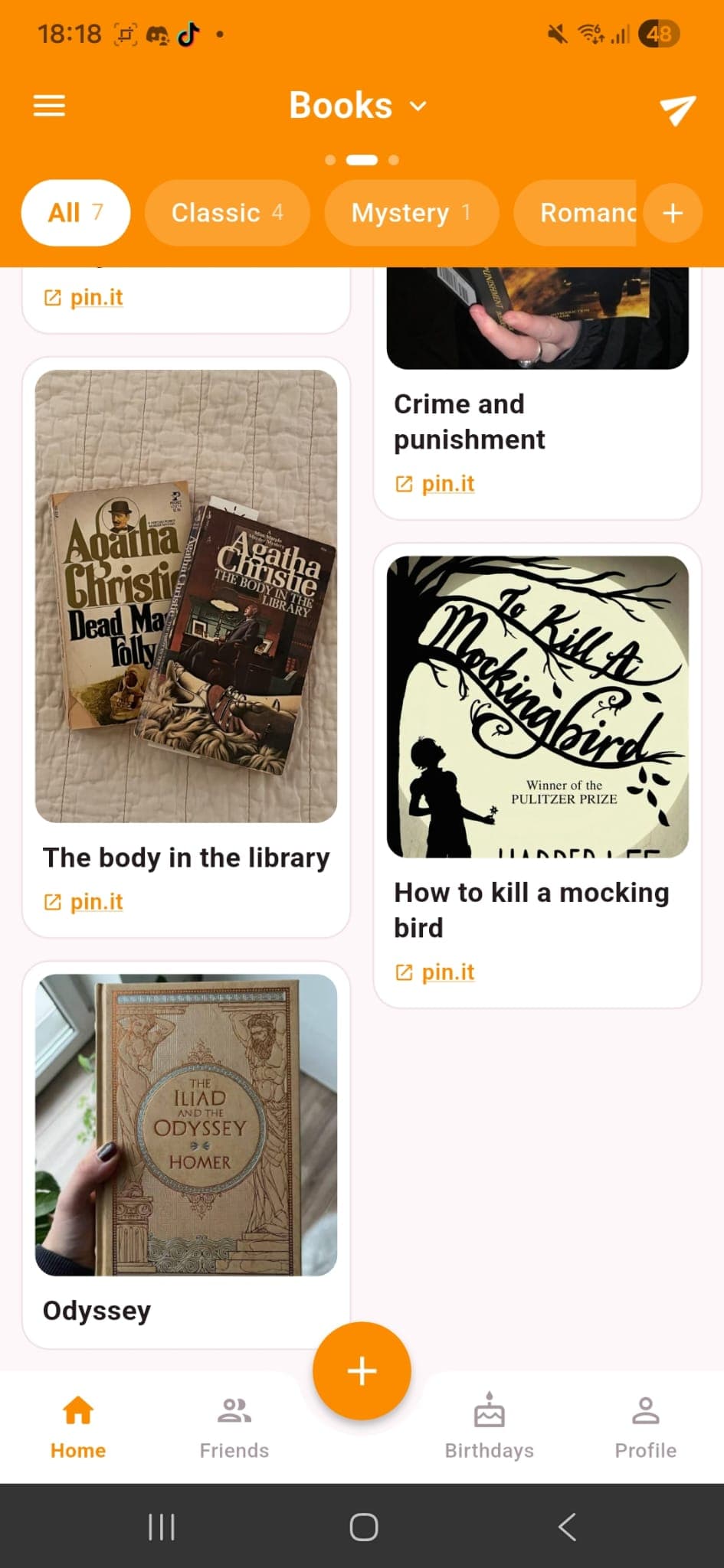 A books list in a Pinterest-style grid